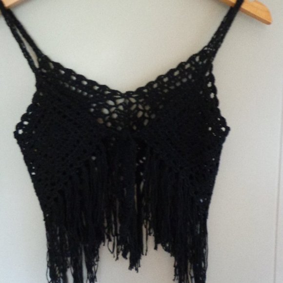 Crocheted Boho Cami Vest Top XS-S Tie Front Fringe - Picture 2 of 14